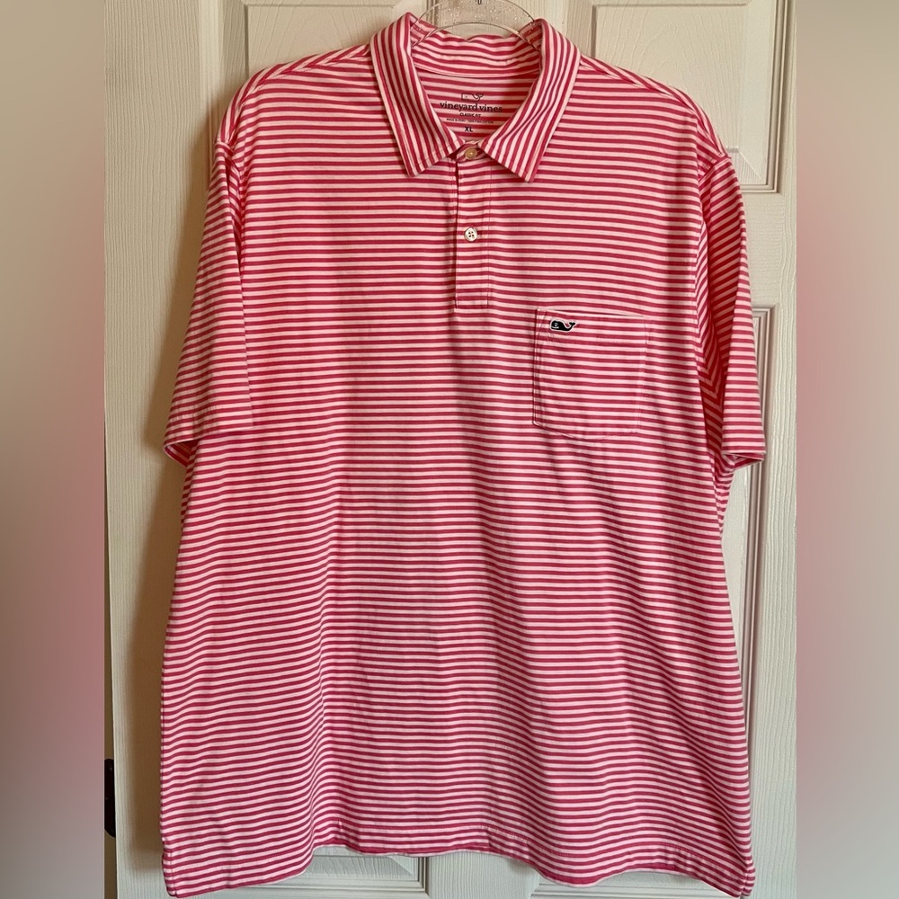 VINEYARD VINES Men's Classic Fit Coral Pink and White Striped Polo Shirt Size XL